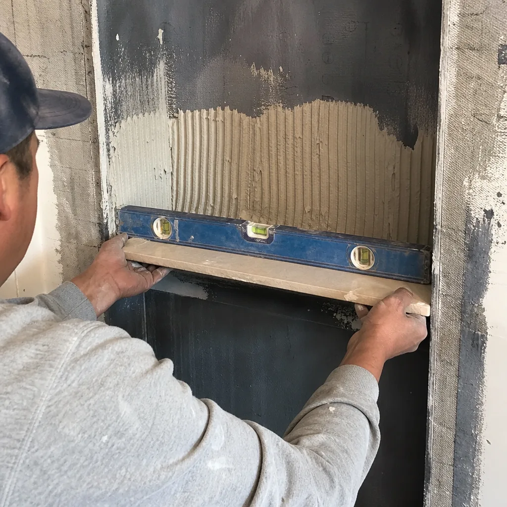Contractor using a level to install a shower niche shelf