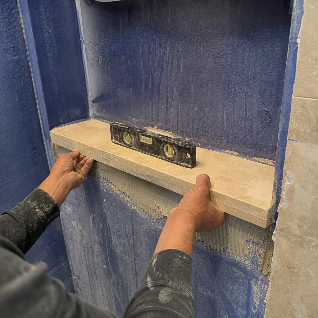 Contractor installing a stone shower shelf using a spirit level.