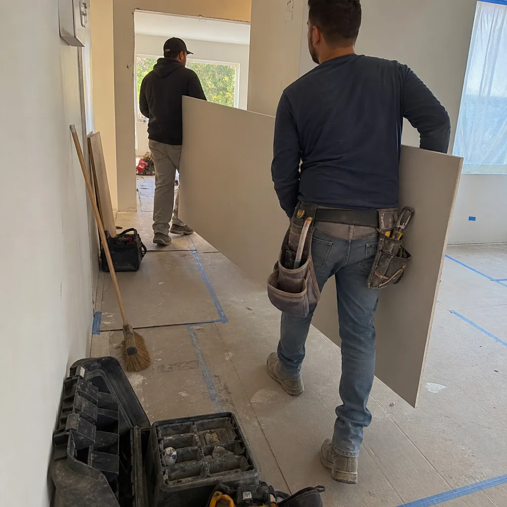 Two construction workers carrying a large drywall sheet inside a home
