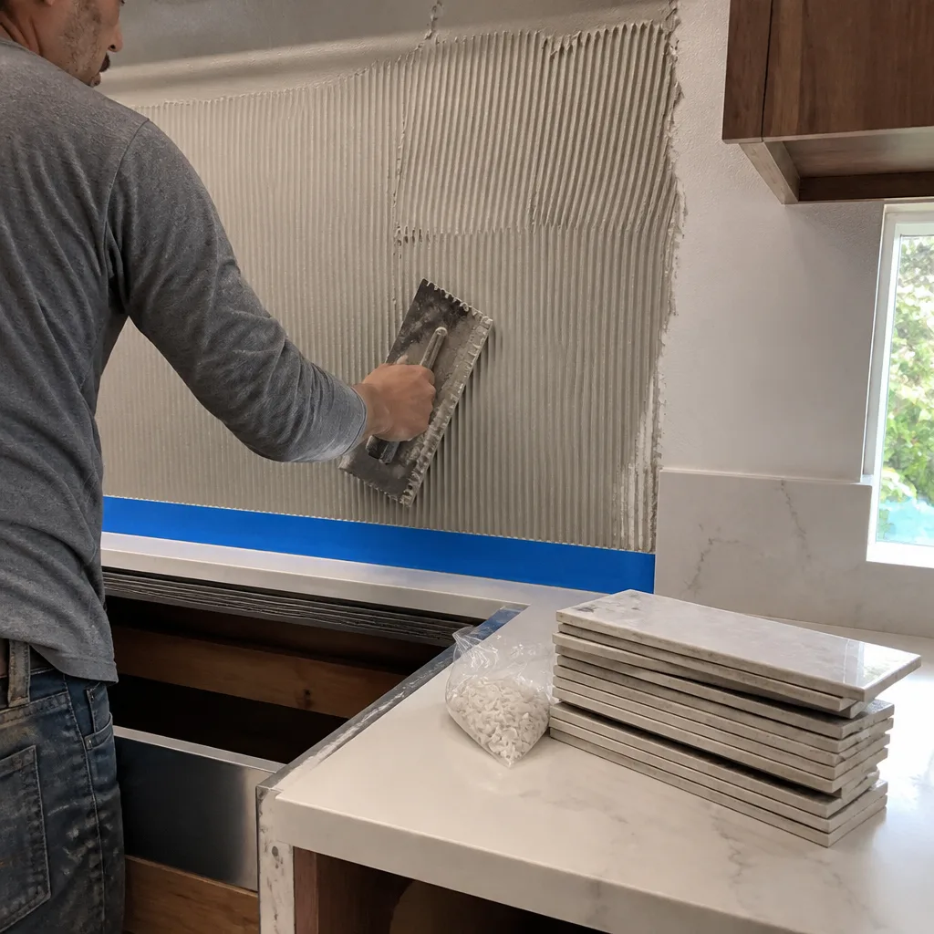 Professional contractor applying mortar for a kitchen backsplash tile installation.