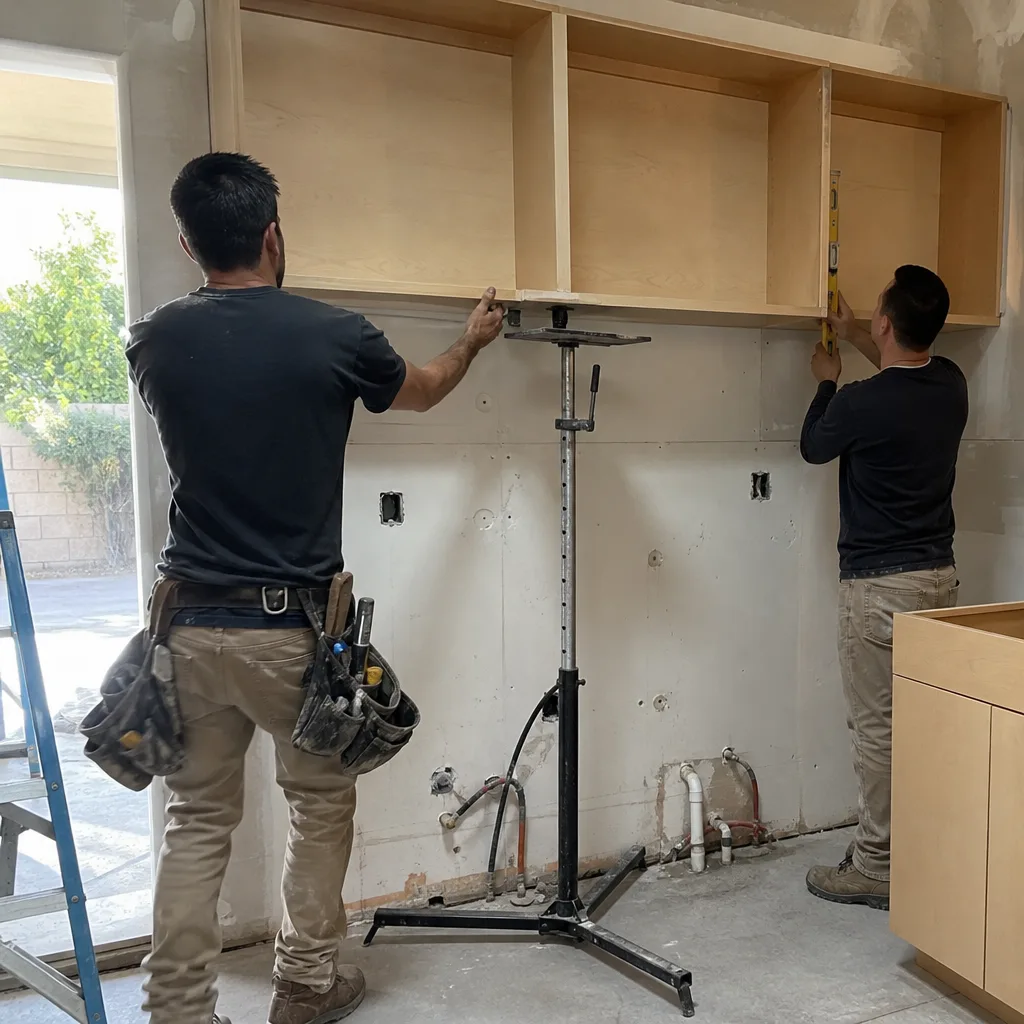 Two construction workers installing kitchen wall cabinets during a home renovation.