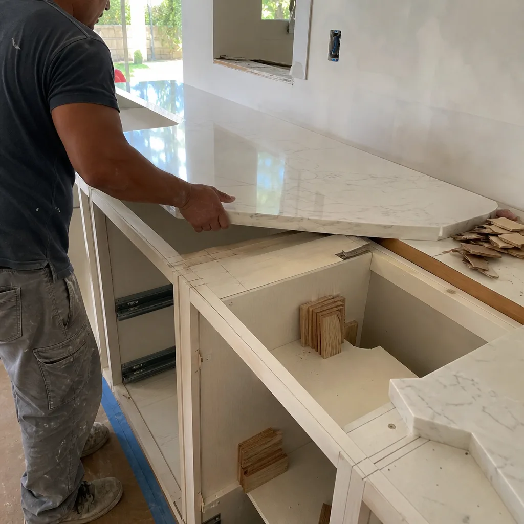 Contractor installing a white marble countertop during a kitchen remodel.
