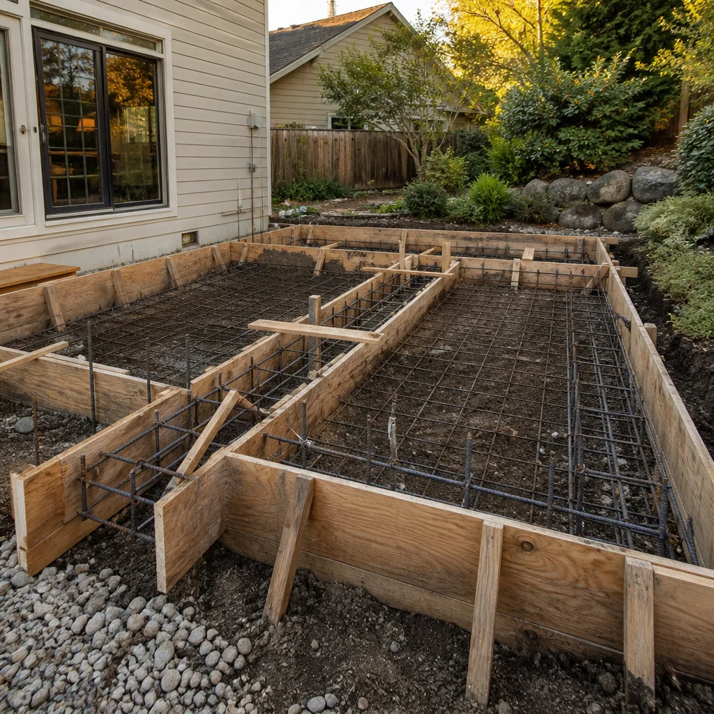 Footing forms with tied rebar for a home addition