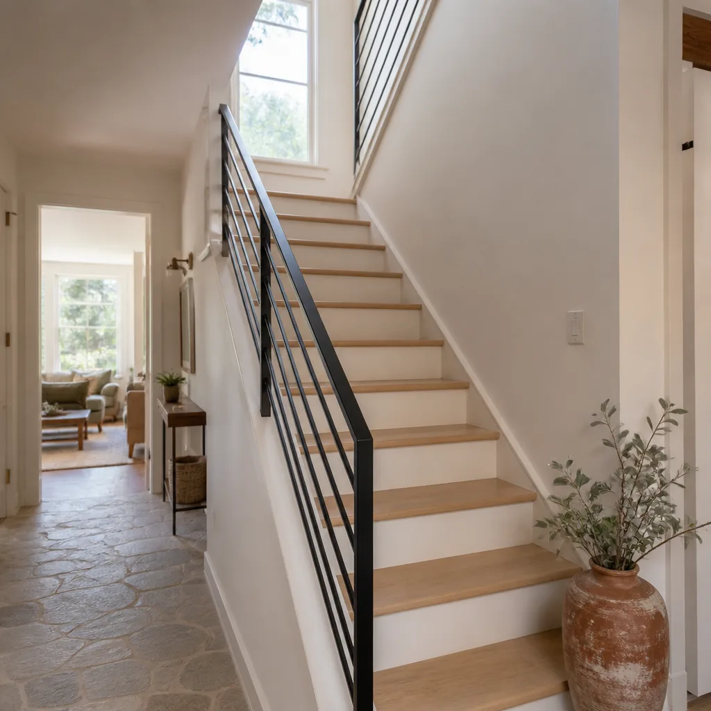 A remodeled staircase with wood treads and a slim metal railing