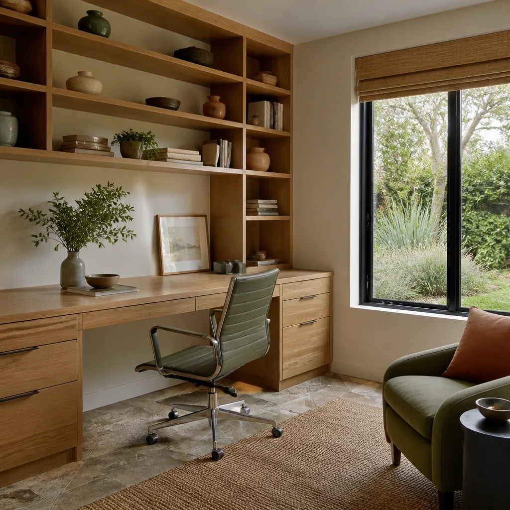 A home office with a built-in desk and shelves