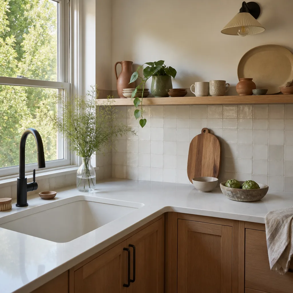 A stone counter, tile backsplash and open shelf after a kitchen remodel