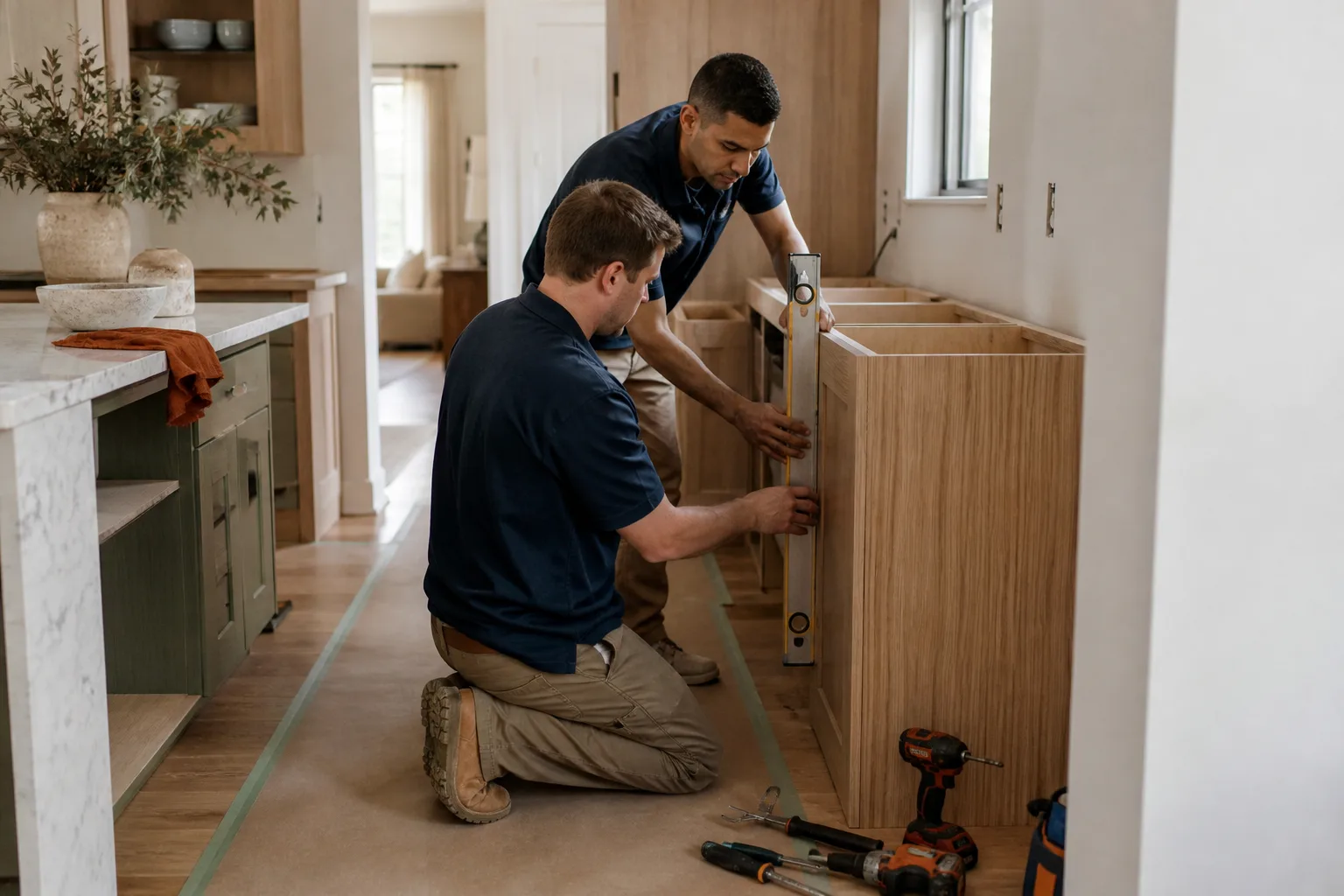 Installers leveling a new base cabinet during a kitchen remodel