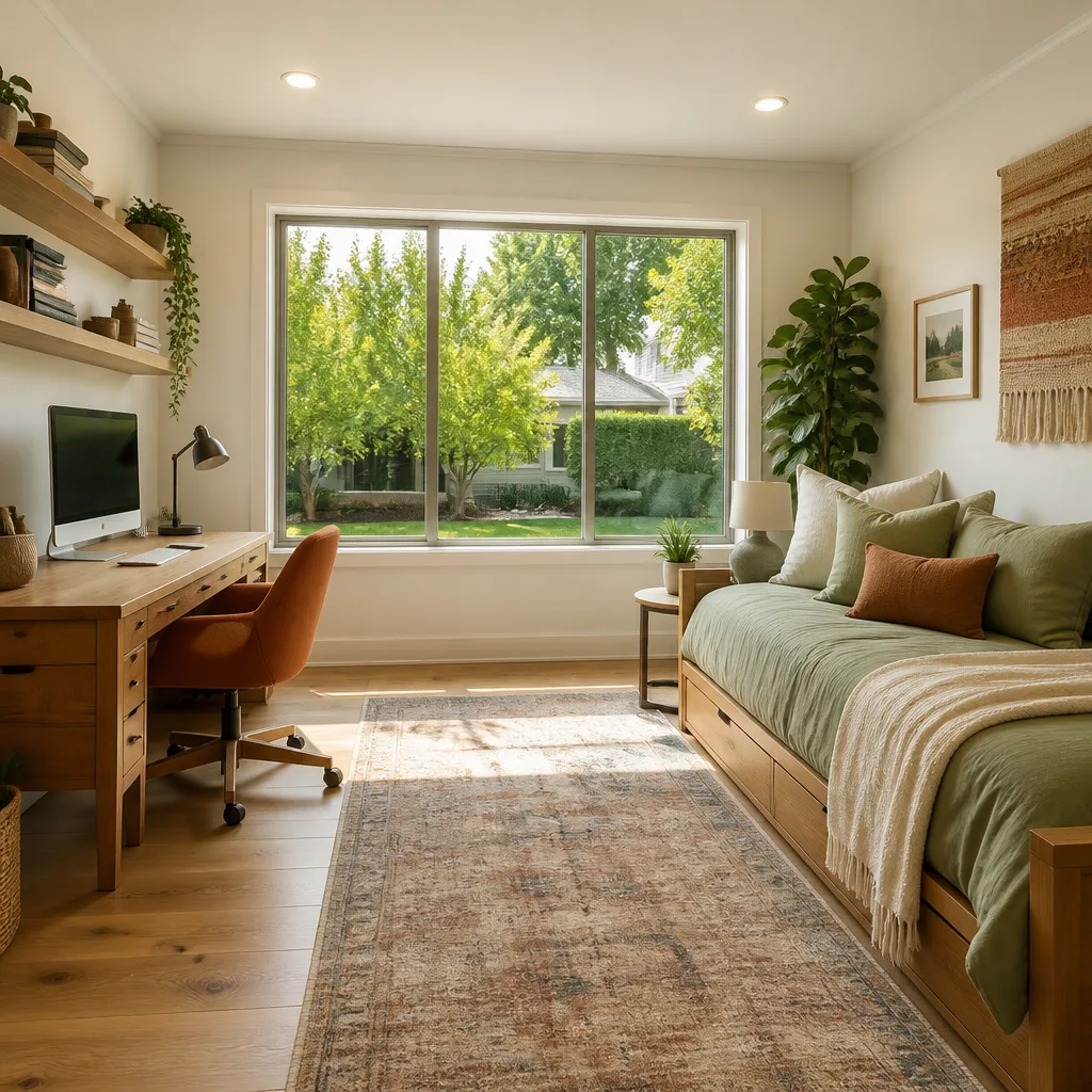 A garage converted into a guest room and home office