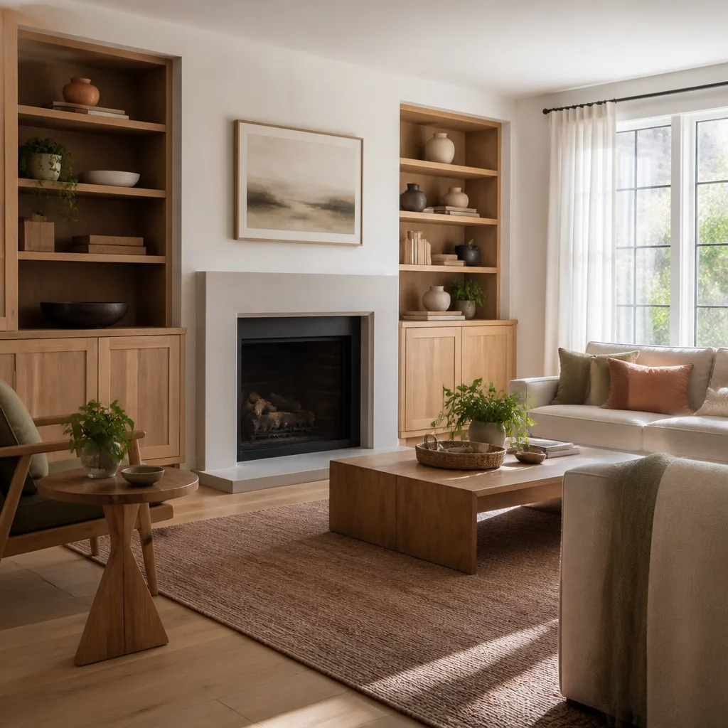 A remodeled living room with built-in shelves around the fireplace