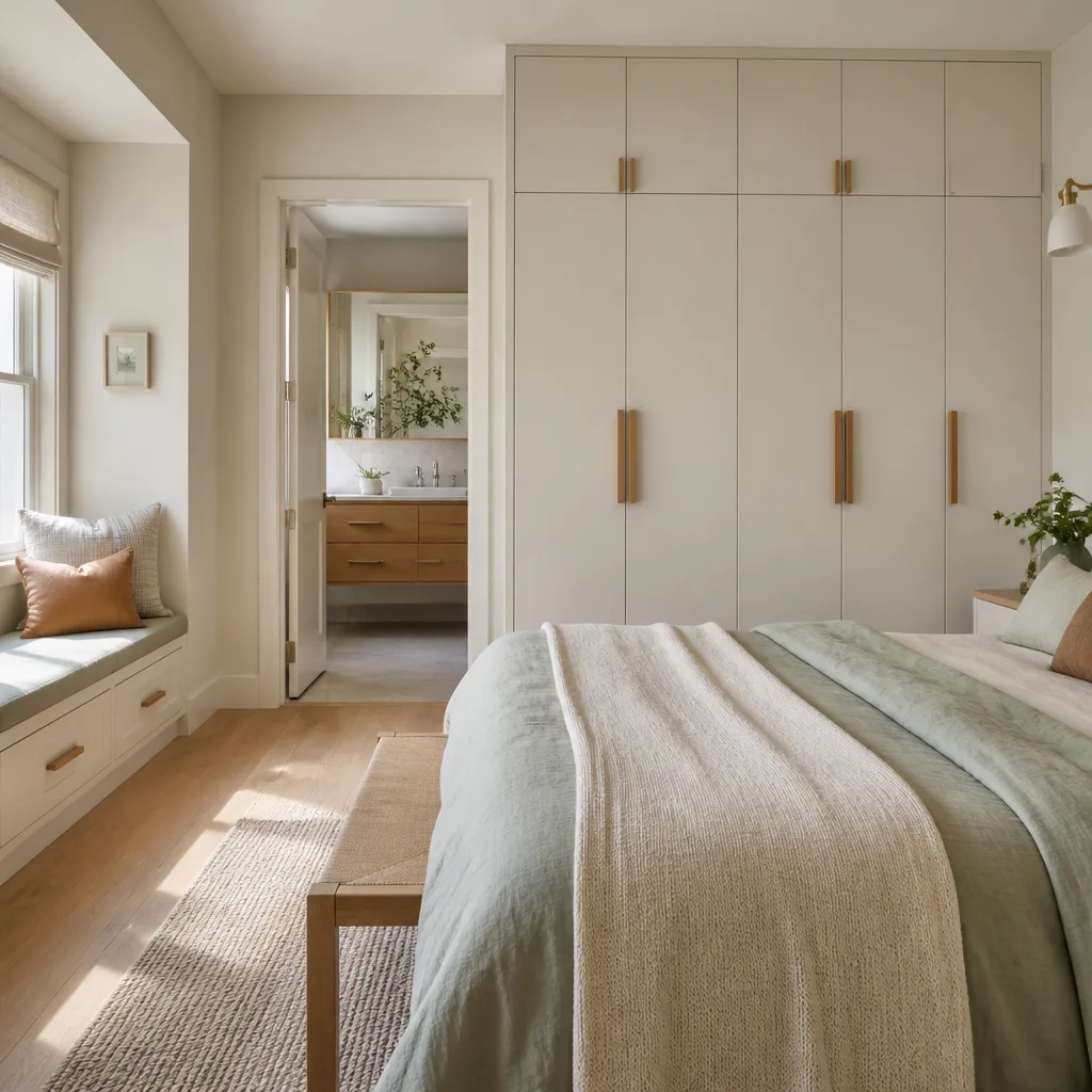 A remodeled primary suite with built-in wardrobes and a window seat
